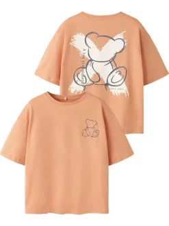 T-shirt en coton biologique peche uni pourvu d'un imprimé ours