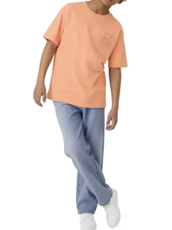 T-shirt en coton biologique peche uni pourvu d'un imprimé ours