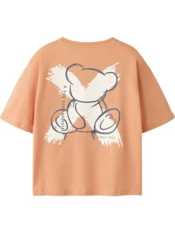 T-shirt en coton biologique peche uni pourvu d'un imprimé ours