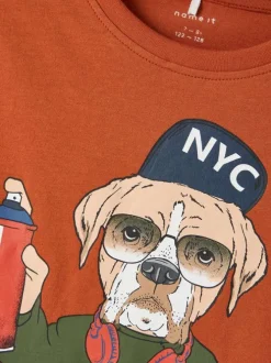 T-shirt en coton biologique rouille à flocage cartoonesque avec un col rond