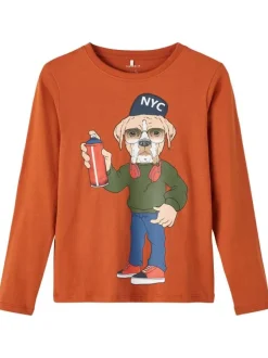 T-shirt en coton biologique rouille à flocage cartoonesque avec un col rond