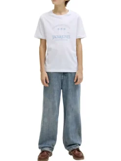 T-shirt en coton biologique blanc imprimé avec une coupe droite et un col rond