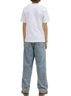 T-shirt en coton biologique blanc imprimé avec une coupe droite et un col rond
