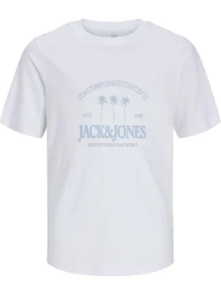 T-shirt en coton biologique blanc imprimé avec une coupe droite et un col rond