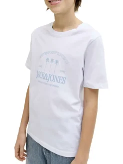 T-shirt en coton biologique blanc imprimé avec une coupe droite et un col rond