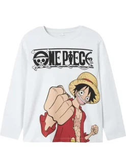 T-shirt en coton biologique bloanc imprimé One Piece avec un col rond
