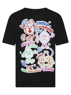 T-shirt en coton biologique noir uni pourvu d'imprimés de fruits et légumes