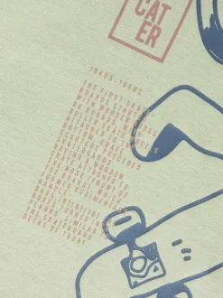 T-shirt en coton biologique vert uni pourvu d'un imprimé chat