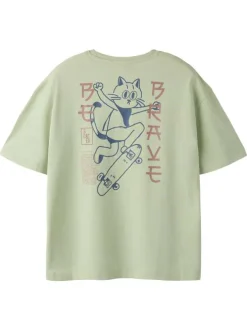 T-shirt en coton biologique vert uni pourvu d'un imprimé chat