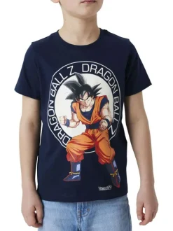 T-shirt en coton biologique marine imprimé avec une coupe droite et un col rond