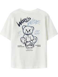 T-shirt en coton biologique blanc uni pourvu d'un imprimé nounours