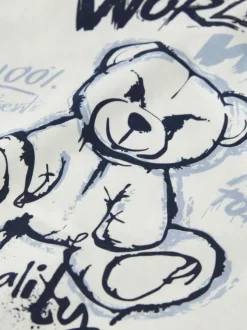 T-shirt en coton biologique blanc uni pourvu d'un imprimé nounours