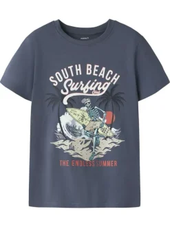 T-shirt en coton biologique indigo uni pourvu d'un imprimé squelette