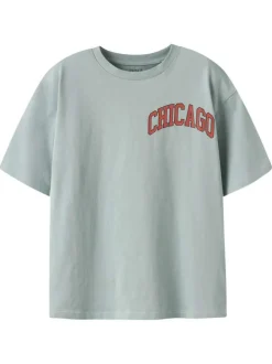 T-shirt en coton biologique vert d'eau imprimé à col rond et à manches courtes