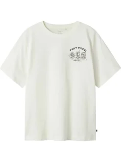 T-shirt en coton biologique blanc à imprimé dessin, coupe droite et col rond