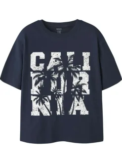 T-shirt en coton biologique marine uni pourvu d'un imprimé palmier