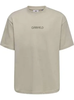 T-shirt en coton biologique beige à imprimé avec une coupe droite et un col rond