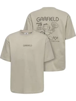 T-shirt en coton biologique beige à imprimé avec une coupe droite et un col rond