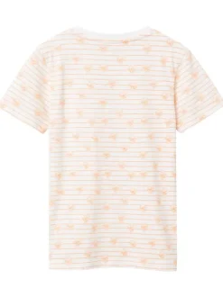 T-shirt en coton blanc à rayures oranges avec col rond et coupe droite