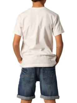 T-shirt en coton blanc imprimé à la poitrine à coupe droite avec un col rond