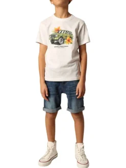 T-shirt en coton blanc imprimé à la poitrine à coupe droite avec un col rond