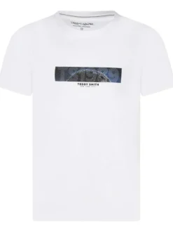 T-shirt en coton blanc imprimé à coupe droite avec col rond et manches courtes