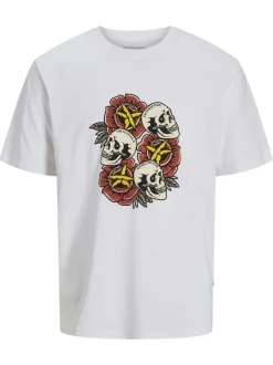 T-shirt en coton blanc imprimé rouge avec une coupe ample et un col rond