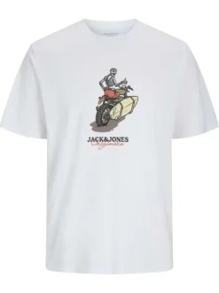 T-shirt en coton blanc imprimé moto à coupe regular et un col rond