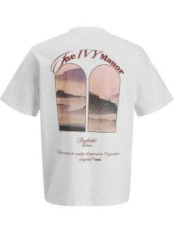 T-shirt en coton blanc imprimé à coupe droite pourvu d'un col rond