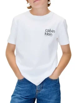 T-shirt en coton blanc uni à col rond avec le nom de la marque imprimé en petit
