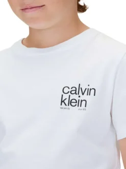 T-shirt en coton blanc uni à col rond avec le nom de la marque imprimé en petit