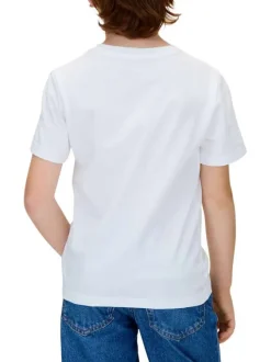 T-shirt en coton blanc uni à col rond avec le nom de la marque imprimé en petit