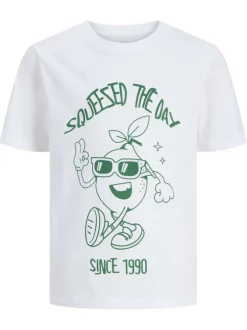 T-shirt en coton blanc uni pourvu d'un imprimé citron et d'un col rond