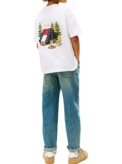 T-shirt en coton blanc uni col rond orné d'un imprimé fantaisie