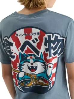 T-shirt en coton bleu à coupe droite pourvu d'un col rond côtelé
