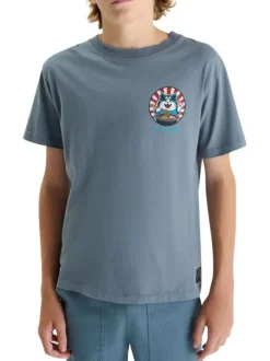 T-shirt en coton bleu à coupe droite pourvu d'un col rond côtelé