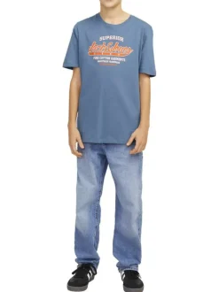 T-shirt en coton bleu avec col rond, manches courtes et logo orange et blanc