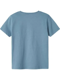T-shirt en coton bleu chiné imprimé à l'avant avec une coupe droite