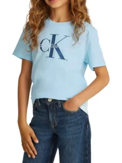 T-shirt en coton bleu ciel avec le logo imprimé en gros et un col rond