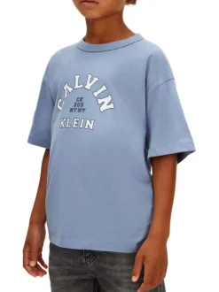 T-shirt en coton bleu imprimé logo à coupe droite et à col rond