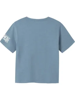 T-shirt en coton bleu imprimé à l'avant et sur la manche avec une coupe droite