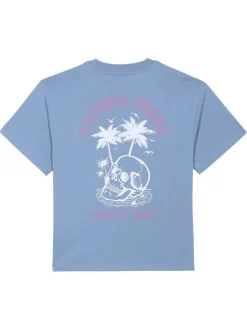 T-shirt en coton bleu imprimé au dos et à la poitrine à coupe droite