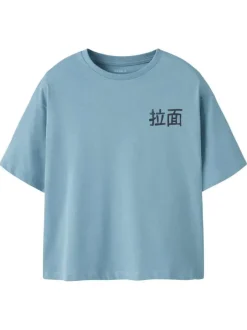 T-shirt en coton bleu imprimé avec une coupe droite et un col rond
