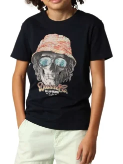 T-shirt en coton bleu marine à imprimé tête de mort avec un col rond