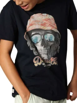 T-shirt en coton bleu marine à imprimé tête de mort avec un col rond