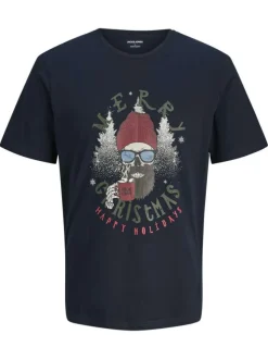 T-shirt en coton bleu marine imprimé Noël avec une coupe droite et un col rond