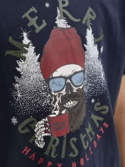 T-shirt en coton bleu marine imprimé Noël avec une coupe droite et un col rond