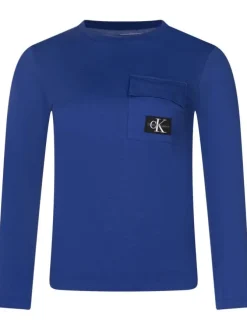 T-shirt en coton bleu uni avec un col rond et une poche à rabat