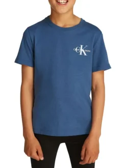 T-shirt en coton bleu uni avec un col rond et le logo de la marque imprimé