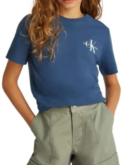 T-shirt en coton bleu uni avec un col rond et le logo de la marque imprimé